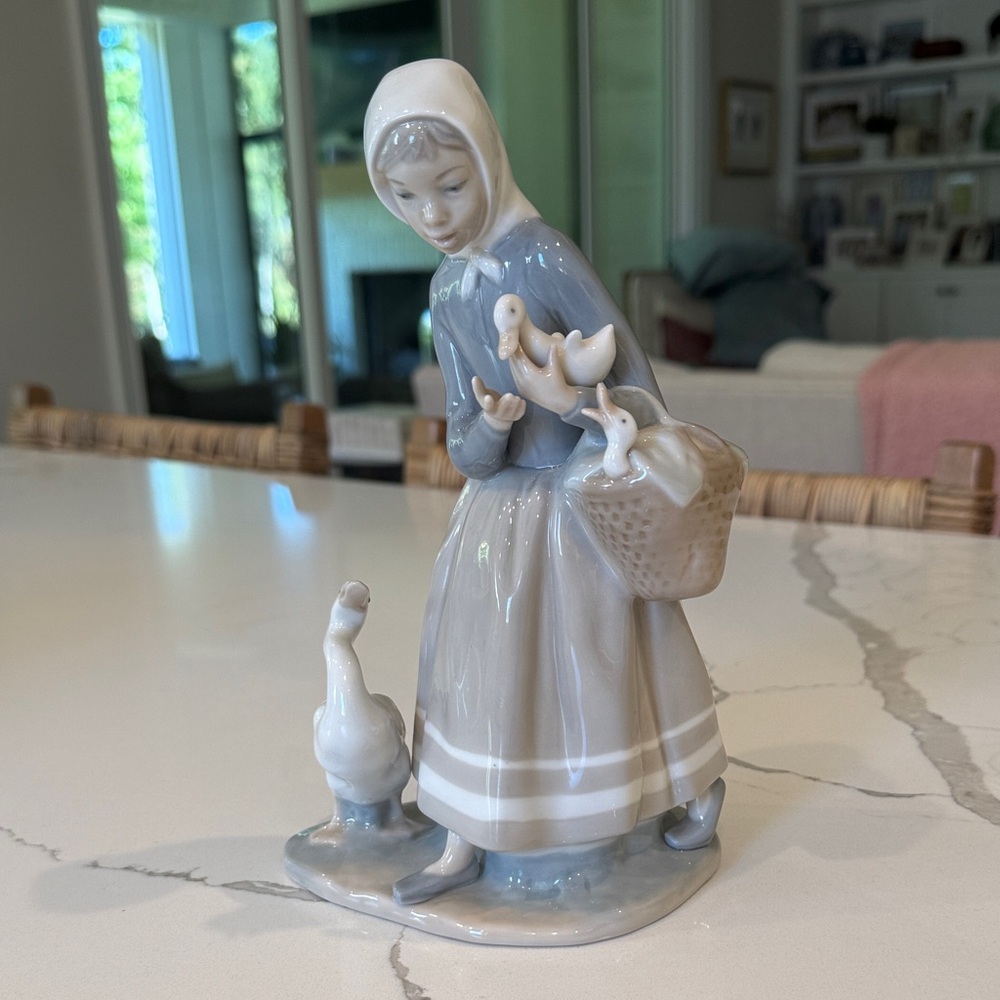 Lladro Blue and White Ceramic Girl with Ducks